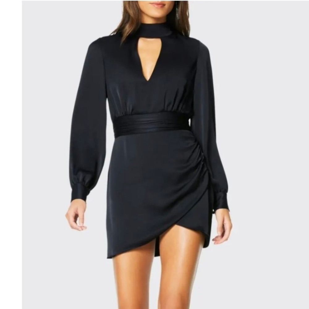 Ramy Brook Black Satin Mock Neck Choker Ruched Wrap Mini Dress Sz 4 Long Sleeve